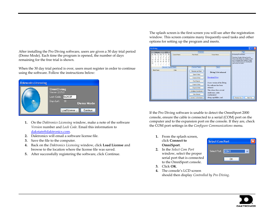 Registering the software, Using the splash screen, Communication configuration | Omnisport pro diving quick start guide 1 of 4 | Daktronics OmniSport 2000 Timing Console User Manual | Page 267 / 316
