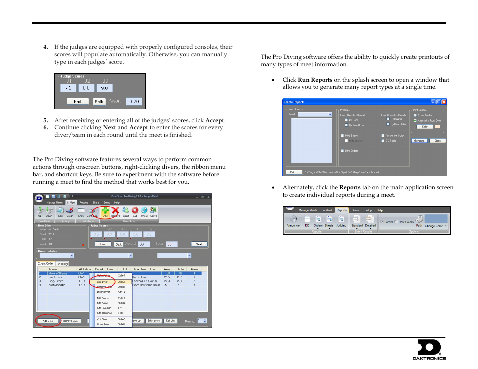 Other meet actions, Generating reports, Omnisport pro diving quick start guide 4 of 4 | Daktronics OmniSport 2000 Timing Console User Manual | Page 270 / 316