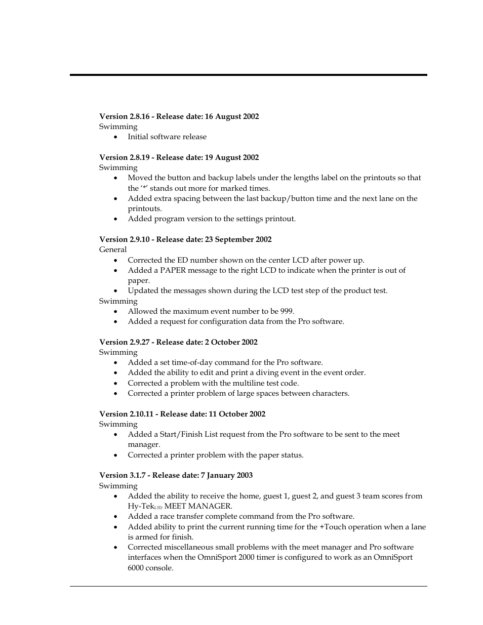 Appendix e: console & software revision history, Timing console revision history, Appendix e | Console & software revision history | Daktronics OmniSport 2000 Timing Console User Manual | Page 297 / 316