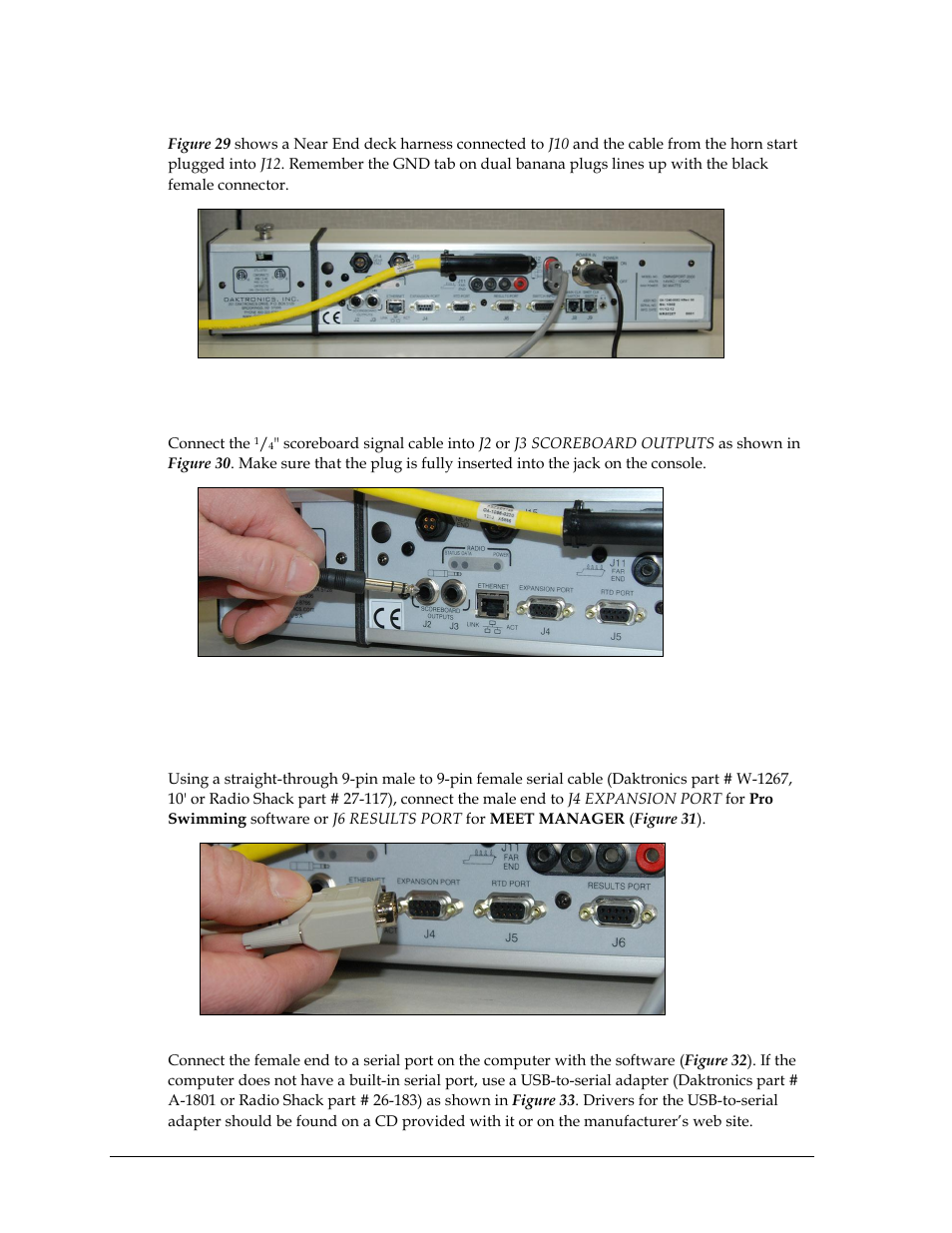 Deck harness & horn start connections, Daktronics numeric display connection, Serial connections | Pro swimming & results software (meet manager) | Daktronics OmniSport 2000 Timing Console User Manual | Page 30 / 316
