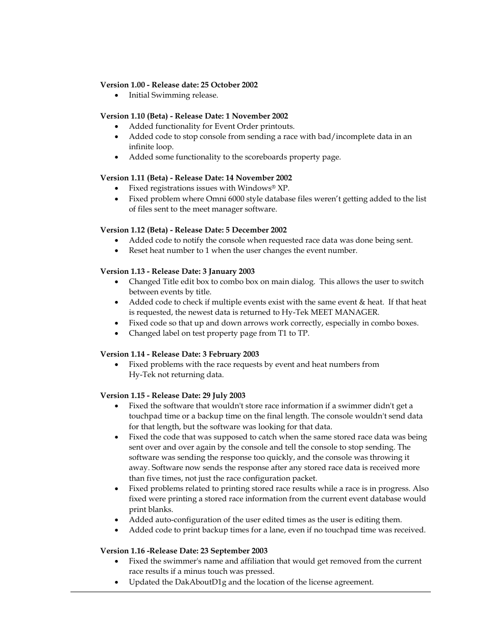 Pro swimming software revision history | Daktronics OmniSport 2000 Timing Console User Manual | Page 307 / 316