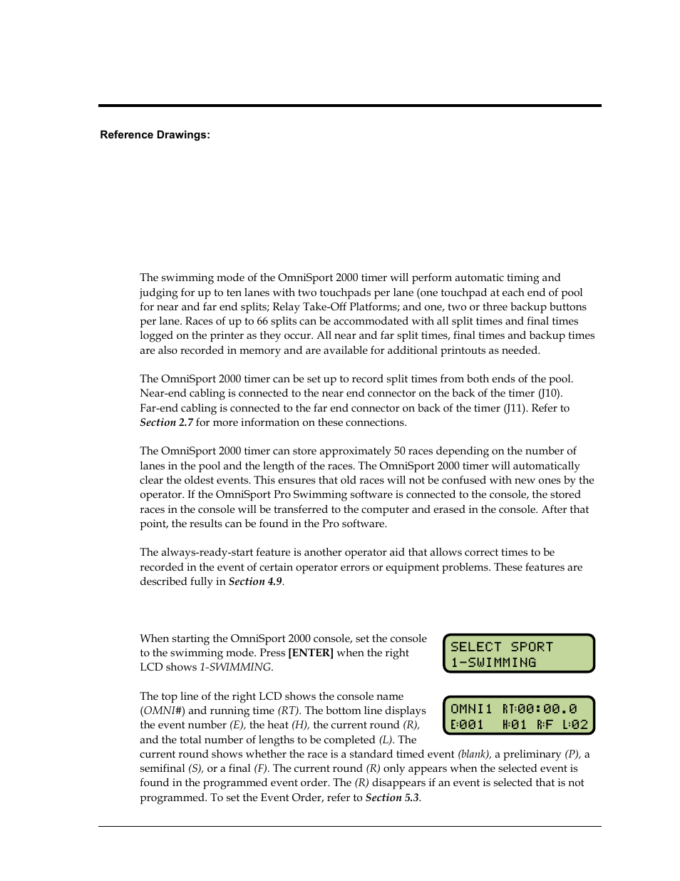 Section 4: swimming mode operation, 1 general features, 2 getting started | Section 4, Swimming mode operation, General features, Getting started | Daktronics OmniSport 2000 Timing Console User Manual | Page 41 / 316
