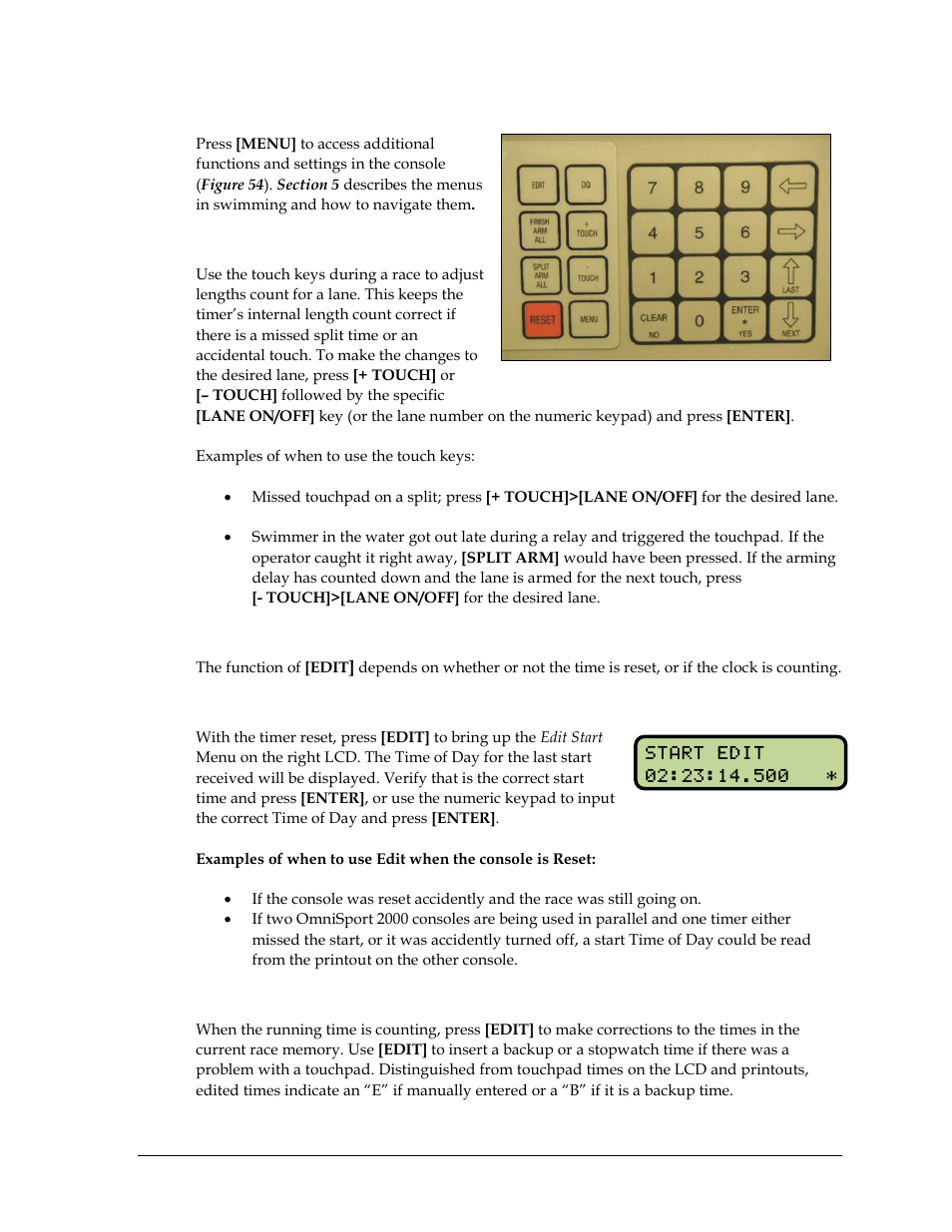 Menu, Touch, Edit | If the timer is reset, If the clock is still counting | Daktronics OmniSport 2000 Timing Console User Manual | Page 47 / 316