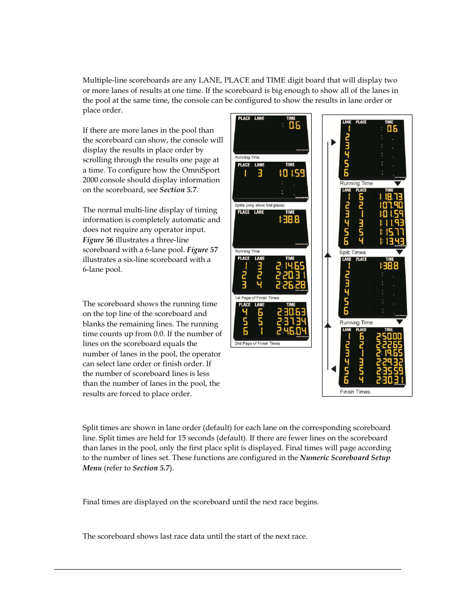 5 typical multiple-line scoreboards, Start of race, Split times | Final time, Timer reset, Typical multiple-line scoreboards | Daktronics OmniSport 2000 Timing Console User Manual | Page 50 / 316