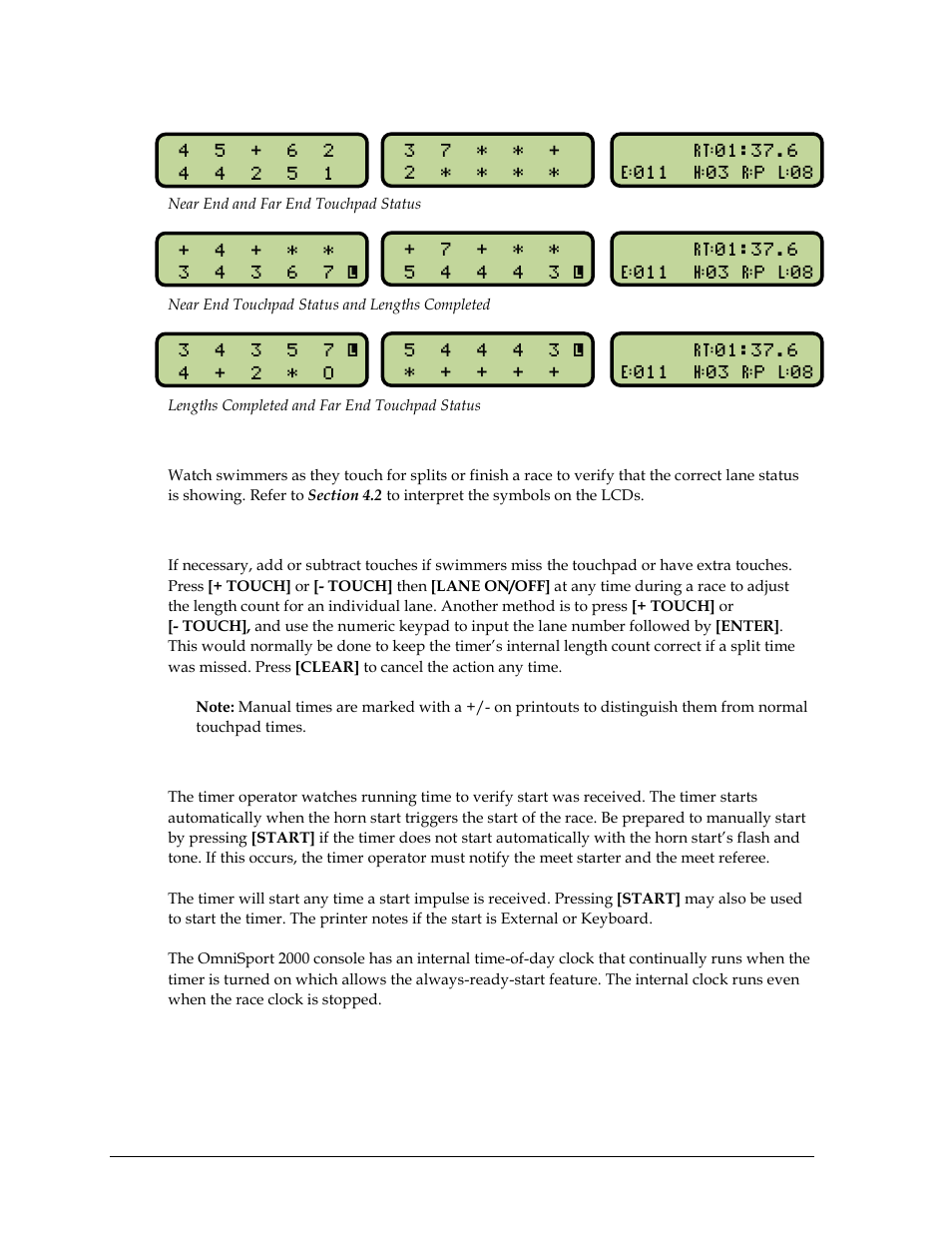 Watch for accurate lane status, Manual touch commands, Start | Daktronics OmniSport 2000 Timing Console User Manual | Page 52 / 316