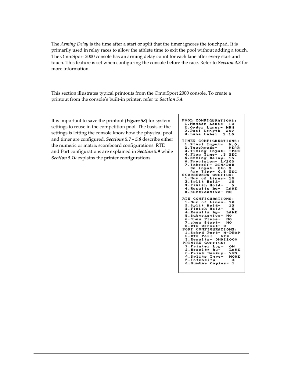 Arming delay, 10 printouts from the built-in printer, Pool configurations | Printouts from the built-in printer | Daktronics OmniSport 2000 Timing Console User Manual | Page 54 / 316