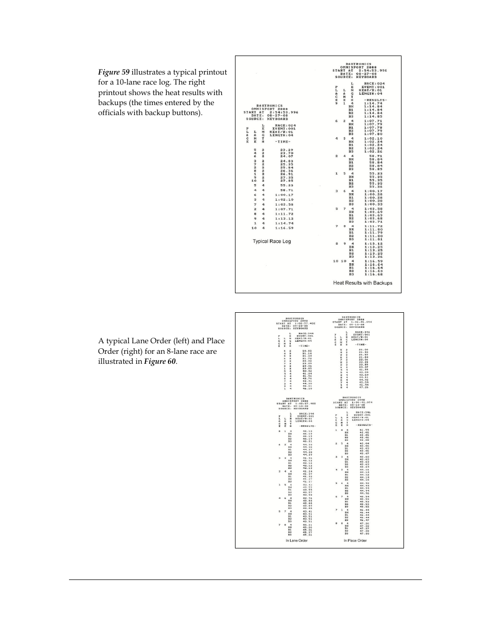 Swimming printouts, In lane & in place order printouts | Daktronics OmniSport 2000 Timing Console User Manual | Page 55 / 316