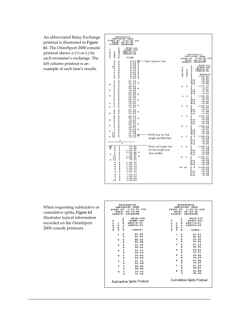 Relay exchange printout, Splits printouts | Daktronics OmniSport 2000 Timing Console User Manual | Page 56 / 316