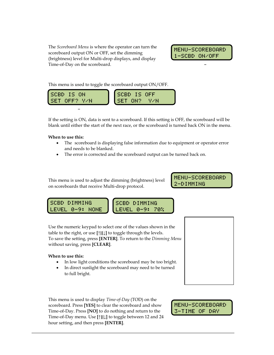 2 scoreboard menu, Scoreboard on/off, Dimming | Time-of-day, Scoreboard menu | Daktronics OmniSport 2000 Timing Console User Manual | Page 60 / 316
