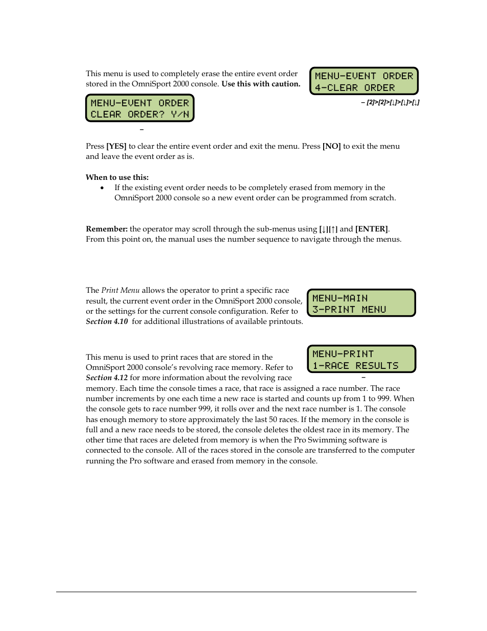 Clear order, 4 print menu, Print race results | Print menu | Daktronics OmniSport 2000 Timing Console User Manual | Page 64 / 316