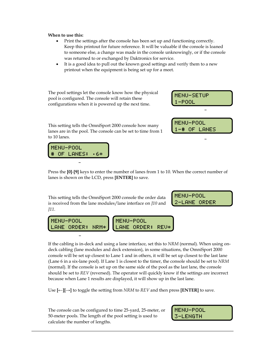 5 setup pool menu, Number of lanes, Lane order | Length, Setup pool menu | Daktronics OmniSport 2000 Timing Console User Manual | Page 66 / 316