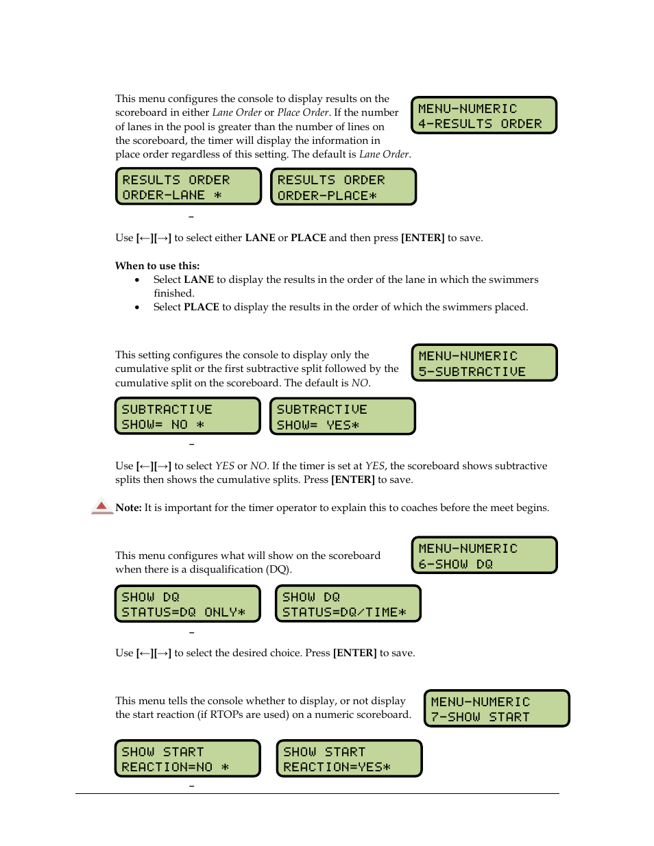 Results order, Subtractive splits, Show dq | Show start | Daktronics OmniSport 2000 Timing Console User Manual | Page 72 / 316