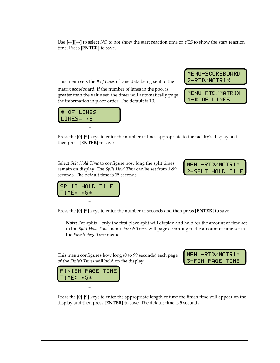 8 setup rtd/matrix scoreboard menu, Number of lines, Split hold time | Setup rtd/matrix scoreboard menu | Daktronics OmniSport 2000 Timing Console User Manual | Page 73 / 316