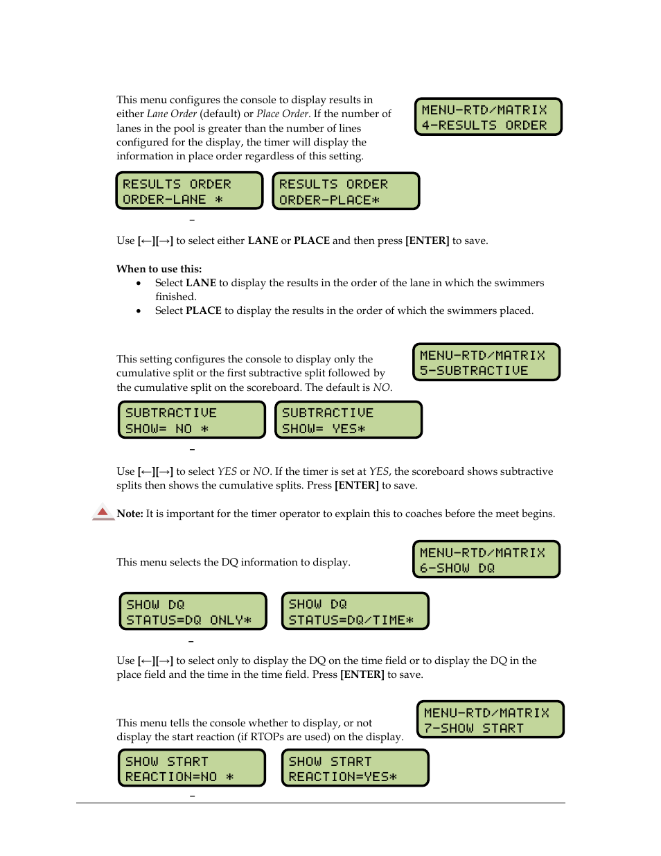 Results order, Subtractive splits, Show dq | Show start | Daktronics OmniSport 2000 Timing Console User Manual | Page 74 / 316
