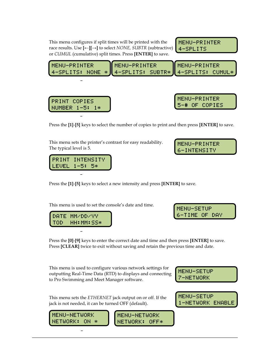 Splits, Number of copies, Intensity | 11 setup time-of-day menu, 12 setup network menu, Network enable, Setup time-of-day menu, Setup network menu | Daktronics OmniSport 2000 Timing Console User Manual | Page 78 / 316
