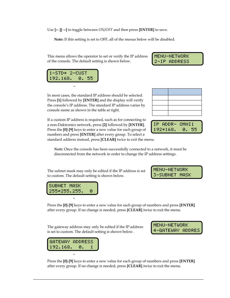 Ip address, Subnet mask, Gateway address | Daktronics OmniSport 2000 Timing Console User Manual | Page 79 / 316