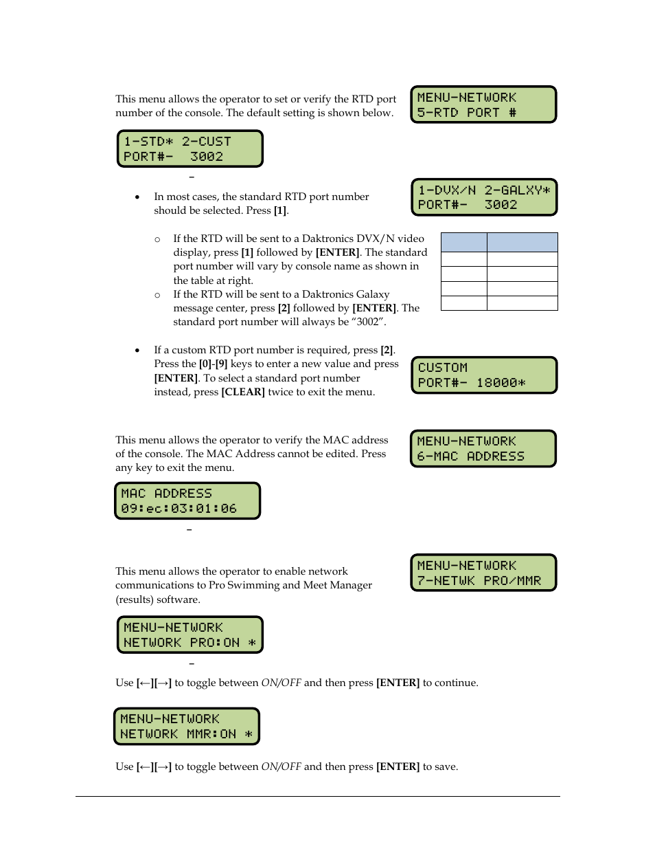 Rtd port number, Mac address, Pro software & meet manager enable | Daktronics OmniSport 2000 Timing Console User Manual | Page 80 / 316