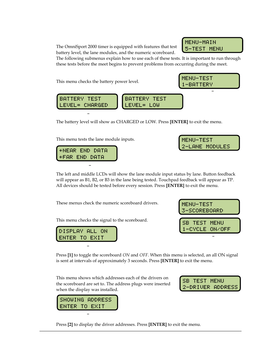 13 test menu, Battery test, Lane module test | Scoreboard test, Cycle on/off, Driver address, Test menu | Daktronics OmniSport 2000 Timing Console User Manual | Page 81 / 316