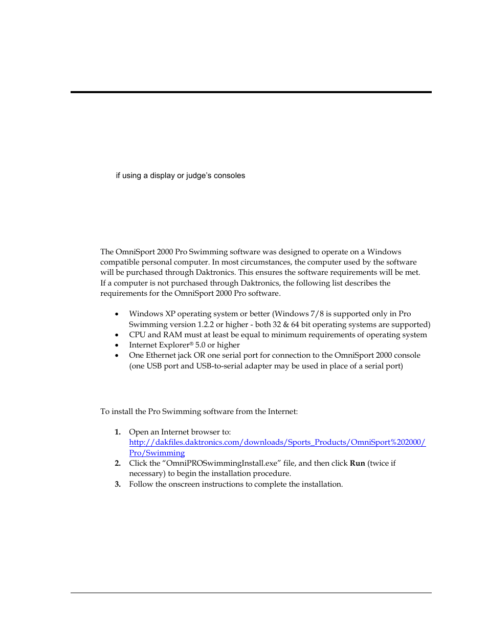 Section 6: omnisport 2000 pro swimming software, 1 computer requirements, 2 installation | Section 6, Omnisport 2000 pro swimming software, Computer requirements, Installation | Daktronics OmniSport 2000 Timing Console User Manual | Page 83 / 316