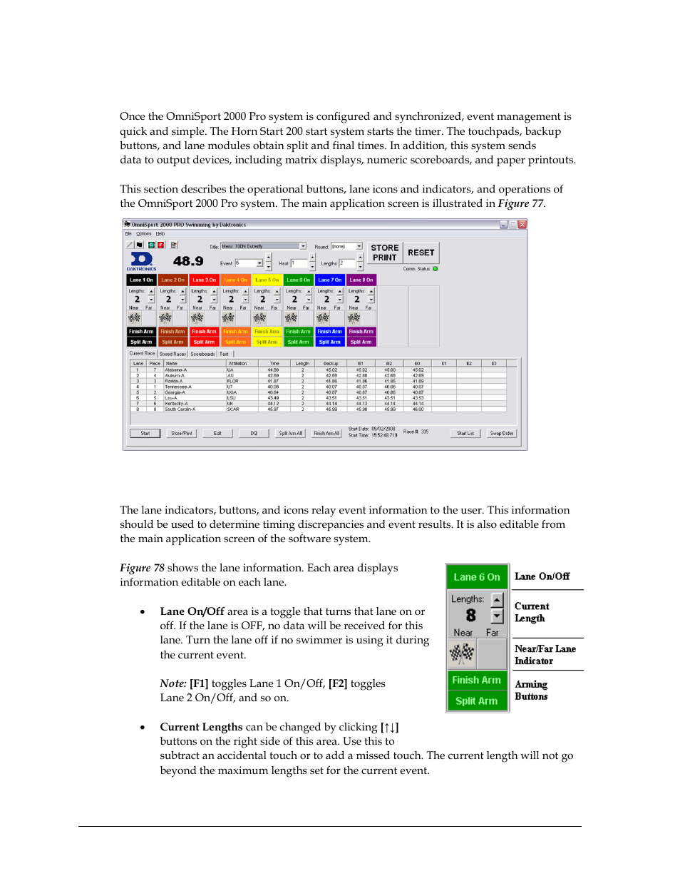 7 omnisport 2000 pro swimming software overview, Lane indicators, buttons, & icons, Omnisport 2000 pro swimming software overview | Figure 77 ) | Daktronics OmniSport 2000 Timing Console User Manual | Page 88 / 316