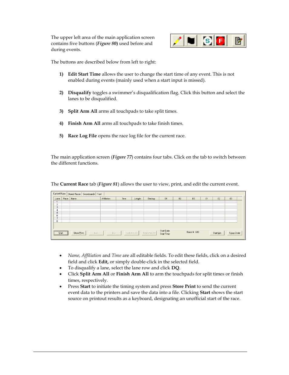 Main application screen tabs, Current race | Daktronics OmniSport 2000 Timing Console User Manual | Page 90 / 316