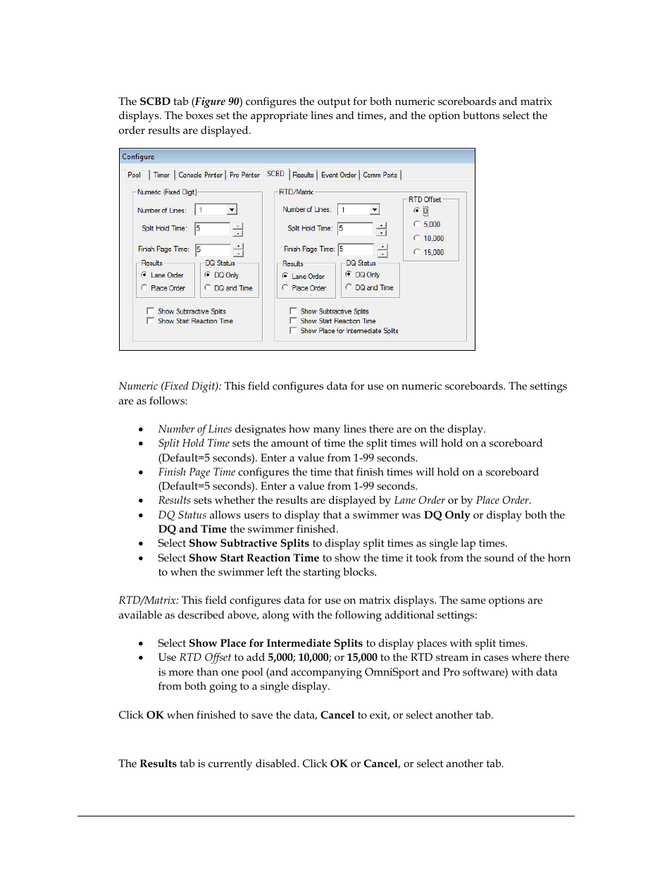 Scbd, Results | Daktronics OmniSport 2000 Timing Console User Manual | Page 96 / 316
