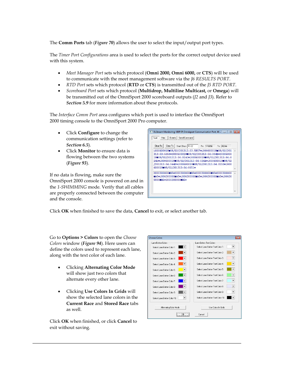 Comm ports, 9 lane colors, Lane colors | Figure 93 ) | Daktronics OmniSport 2000 Timing Console User Manual | Page 98 / 316