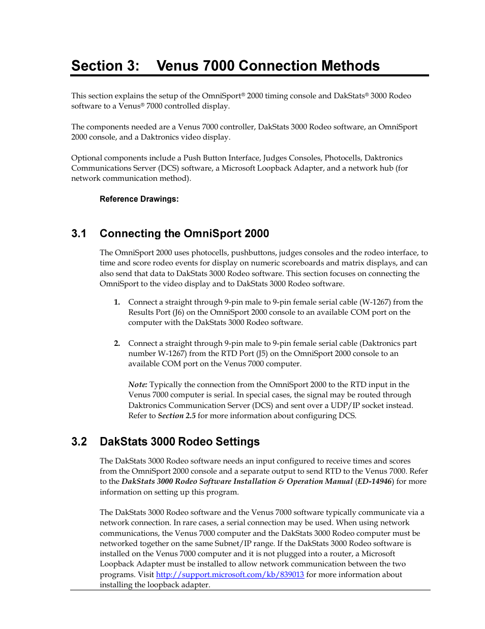 Venus 7000 connection methods, Connecting the omnisport 2000, Dakstats 3000 rodeo settings | Daktronics Rodeo Interface with Daktronics Matrix Displays User Manual | Page 19 / 45