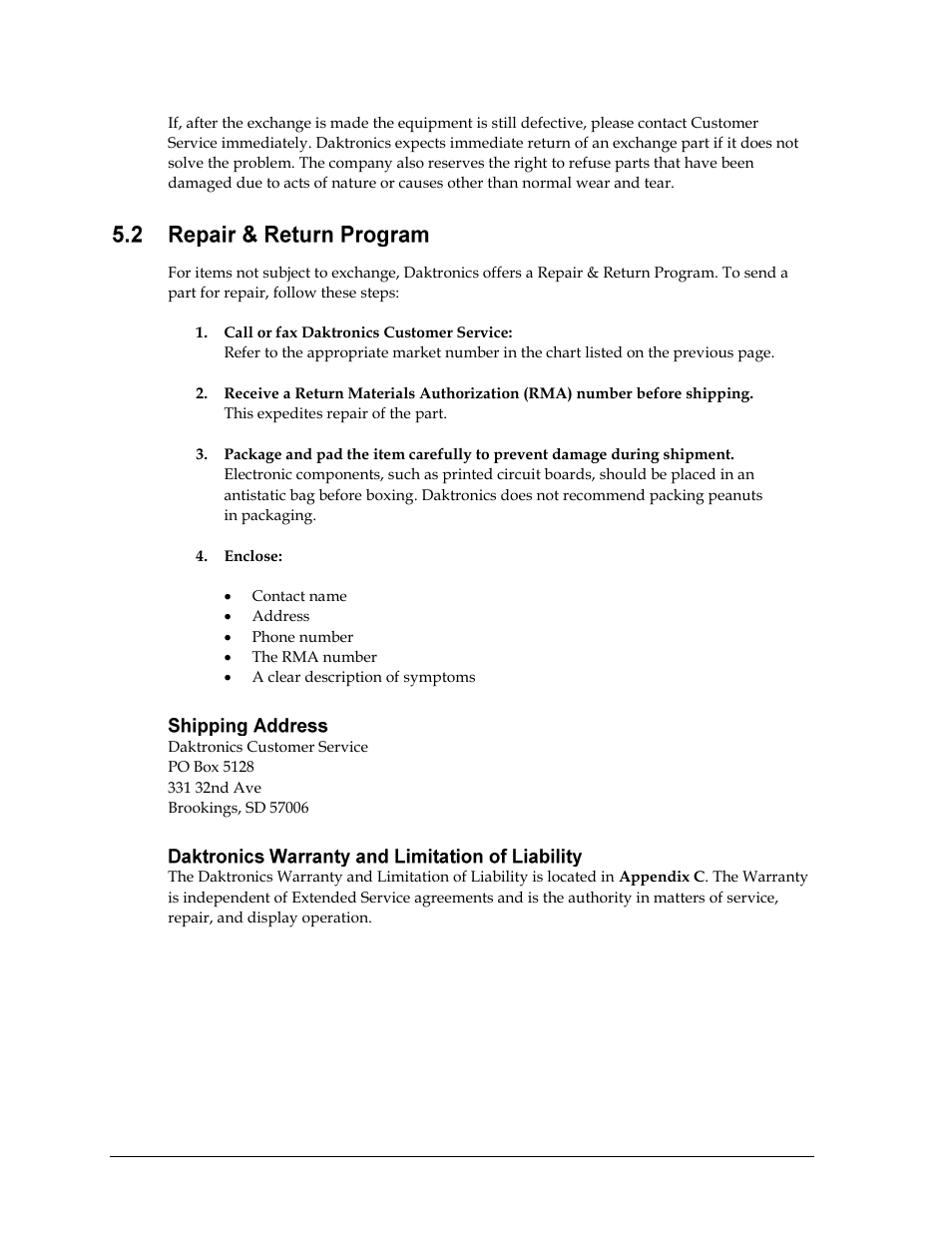 Repair & return program, Shipping address, Daktronics warranty and limitation of liability | Daktronics Rodeo Interface with Daktronics Matrix Displays User Manual | Page 30 / 45
