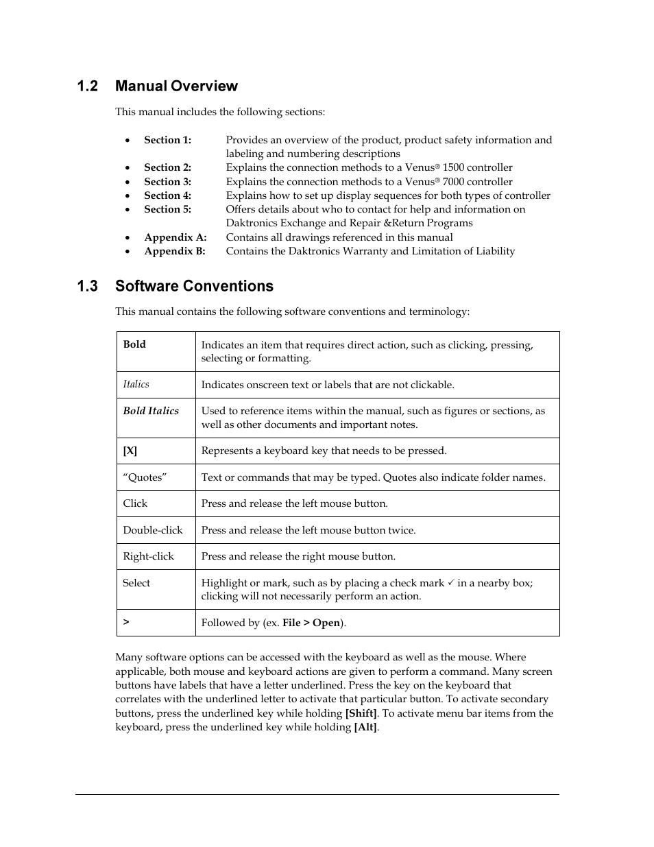 Manual overview, Software conventions | Daktronics Rodeo Interface with Daktronics Matrix Displays User Manual | Page 8 / 45
