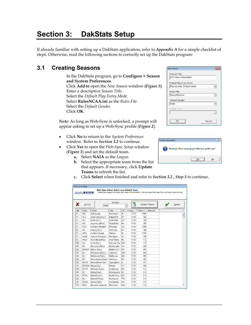Section 3: dakstats setup, 1 creating seasons, Section 3 | Dakstats setup, Creating seasons | Daktronics School SID User Manual | Page 11 / 35