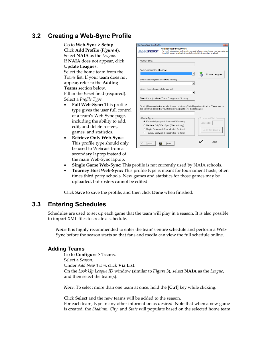 2 creating a web-sync profile, 3 entering schedules, Adding teams | Creating a web-sync profile, Entering schedules, Section 3.2 | Daktronics School SID User Manual | Page 12 / 35