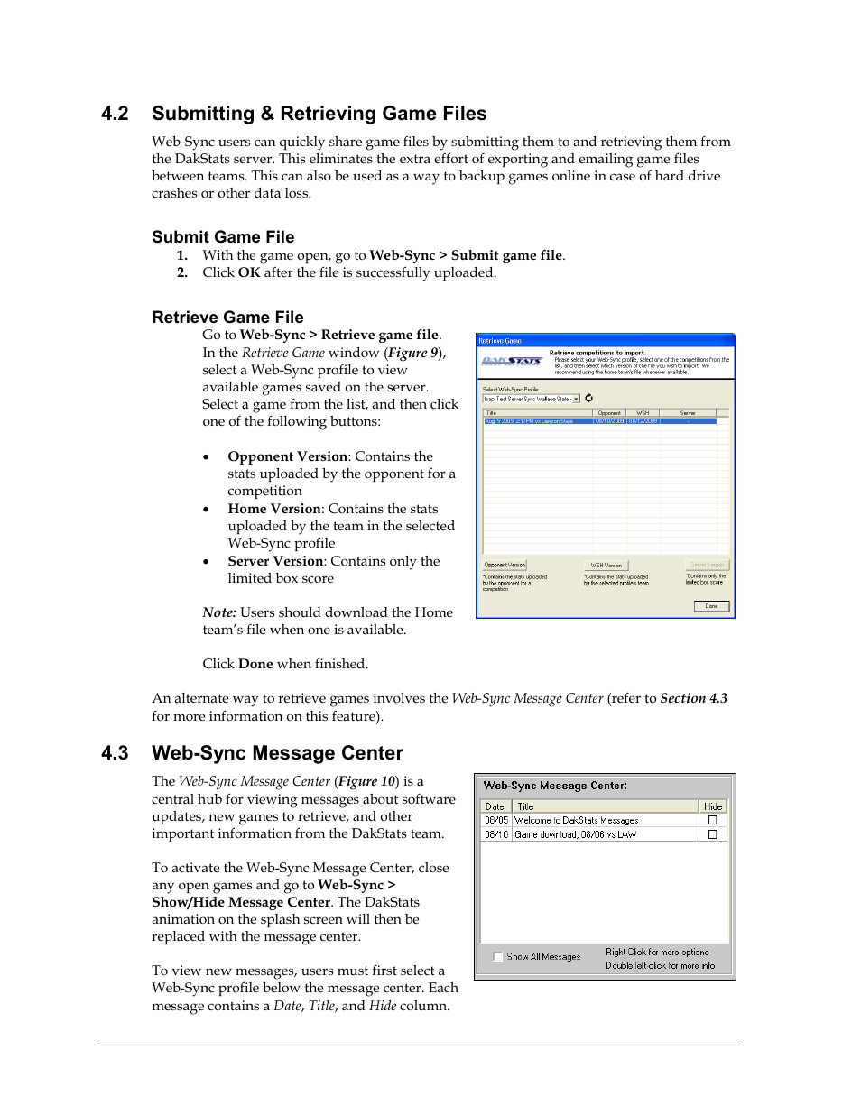 2 submitting & retrieving game files, Submit game file, Retrieve game file | 3 web-sync message center, Submitting & retrieving game files, Web-sync message center | Daktronics School SID User Manual | Page 16 / 35