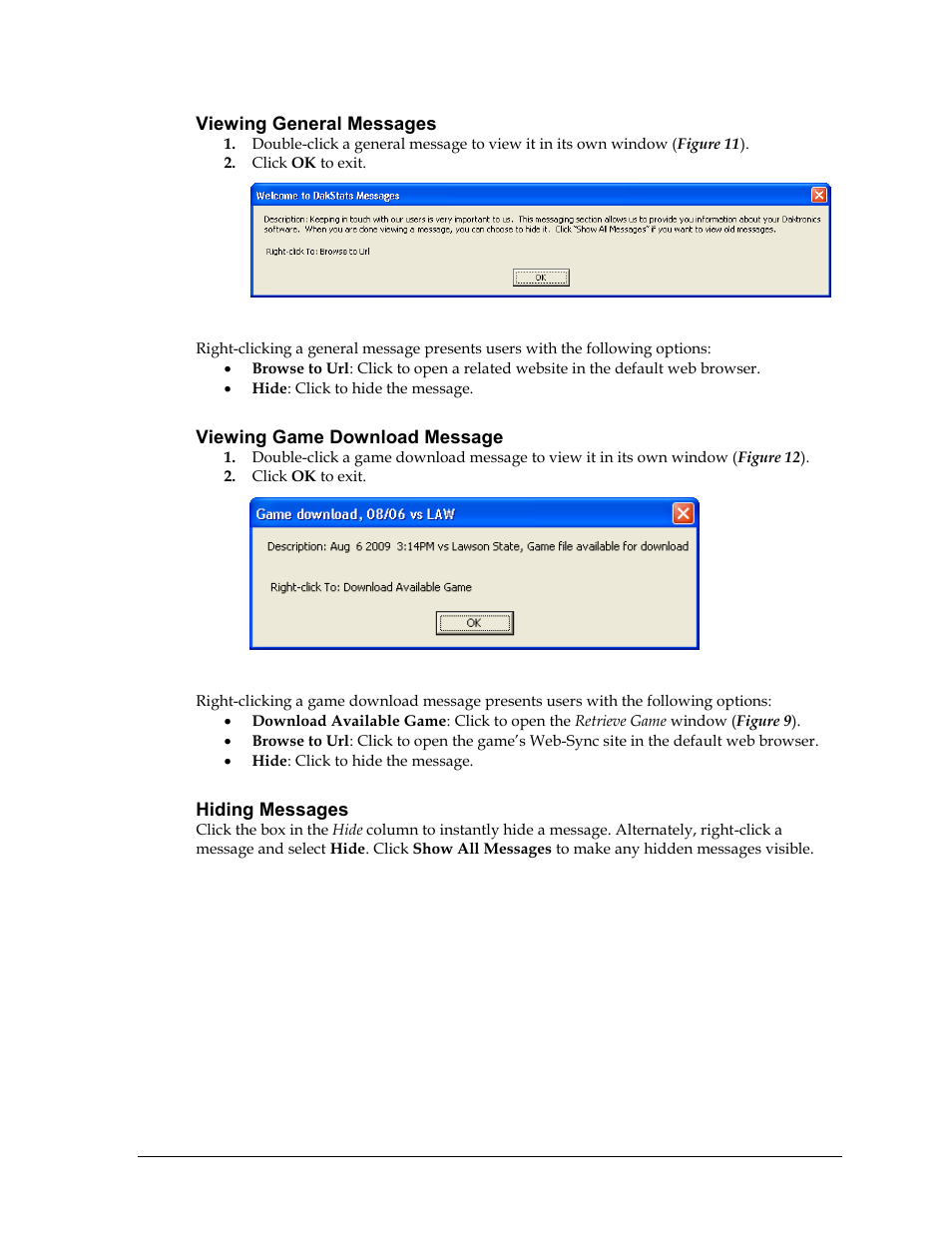 Viewing general messages, Viewing game download message, Hiding messages | Daktronics School SID User Manual | Page 17 / 35