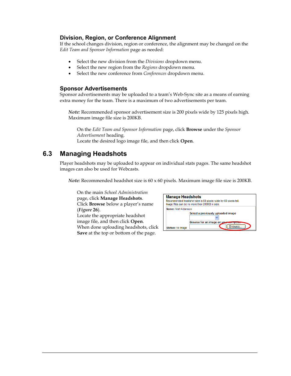 Division, region, or conference alignment, Sponsor advertisements, 3 managing headshots | Managing headshots | Daktronics School SID User Manual | Page 27 / 35