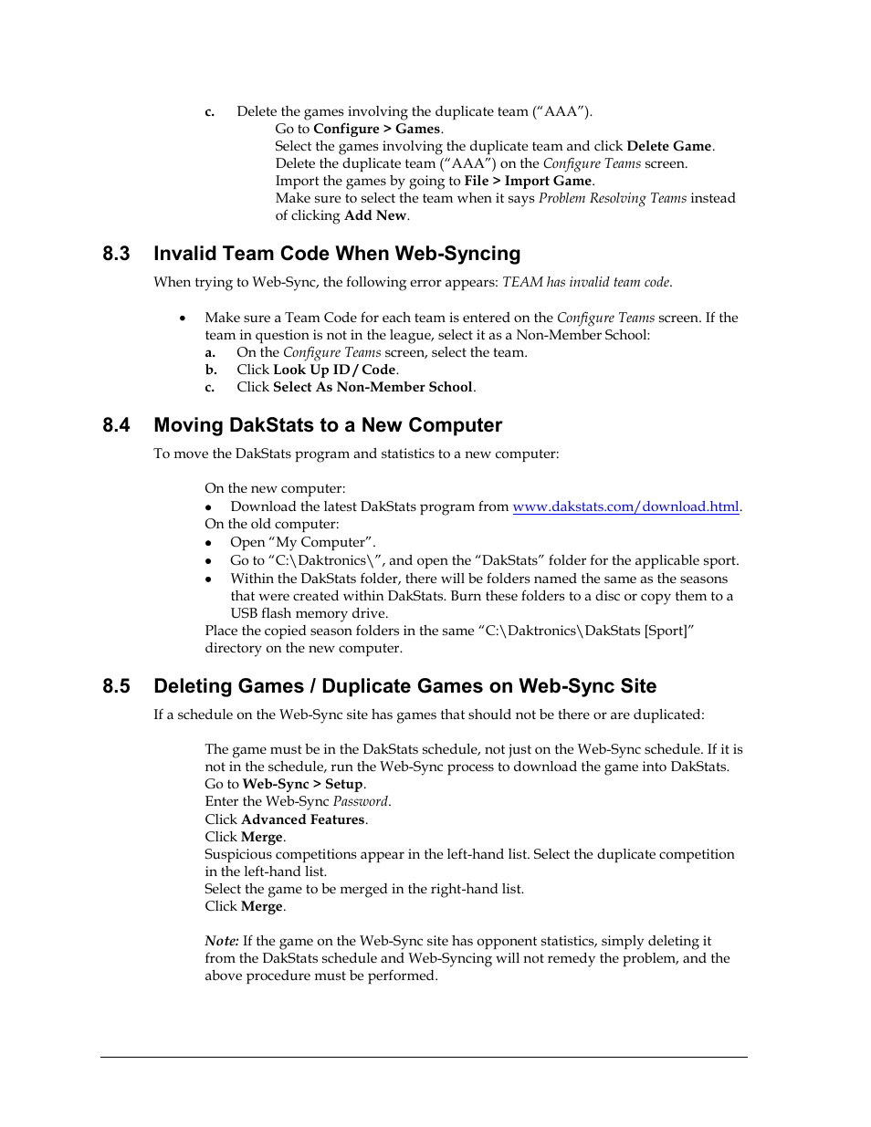3 invalid team code when web-syncing, 4 moving dakstats to a new computer, Invalid team code when web-syncing | Moving dakstats to a new computer, Deleting games / duplicate games on web-sync site | Daktronics School SID User Manual | Page 32 / 35