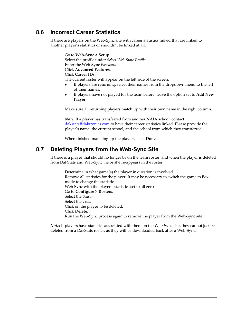 6 incorrect career statistics, 7 deleting players from the web-sync site, Incorrect career statistics | Deleting players from the web-sync site | Daktronics School SID User Manual | Page 33 / 35