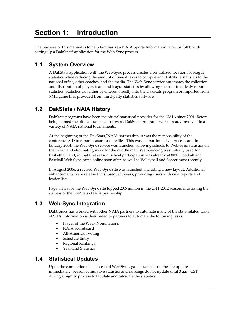 Section 1: introduction, 1 system overview, 2 dakstats / naia history | 3 web-sync integration, 4 statistical updates, Section 1, Introduction, System overview, Dakstats / naia history, Web-sync integration | Daktronics School SID User Manual | Page 5 / 35