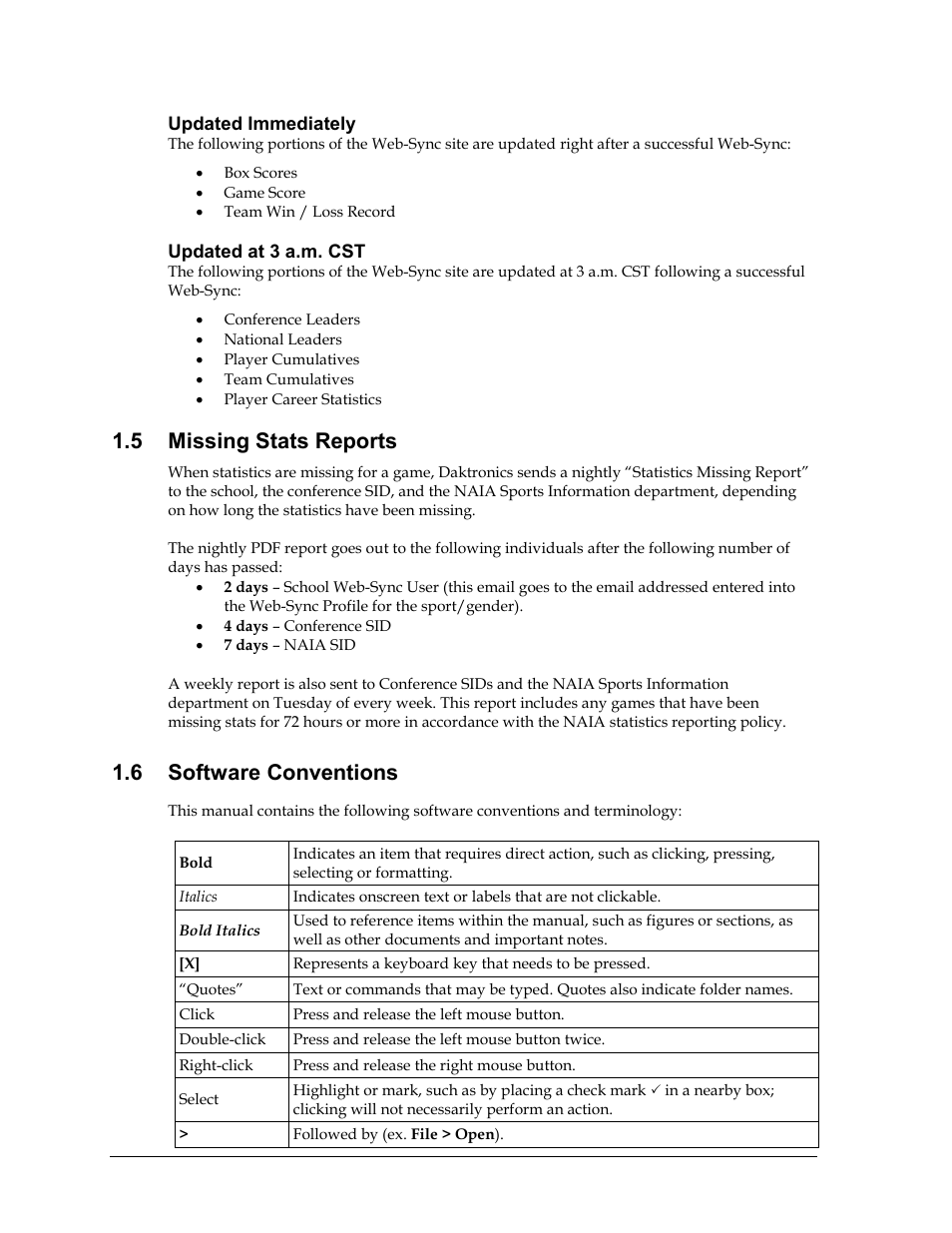 5 missing stats reports, 6 software conventions, Missing stats reports | Software conventions | Daktronics School SID User Manual | Page 6 / 35