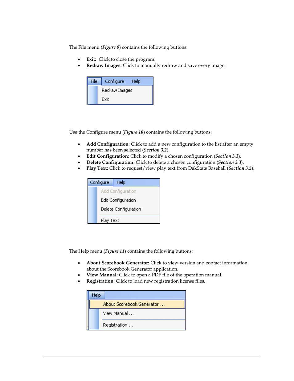 File menu, Configure menu, Help menu | Daktronics Scorebook User Manual | Page 11 / 19