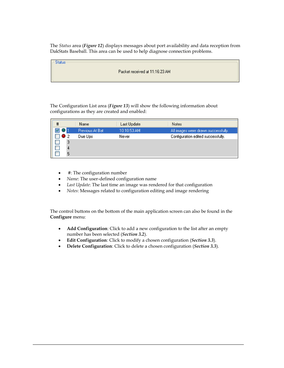 Status, Configuration list, Control buttons | Daktronics Scorebook User Manual | Page 12 / 19