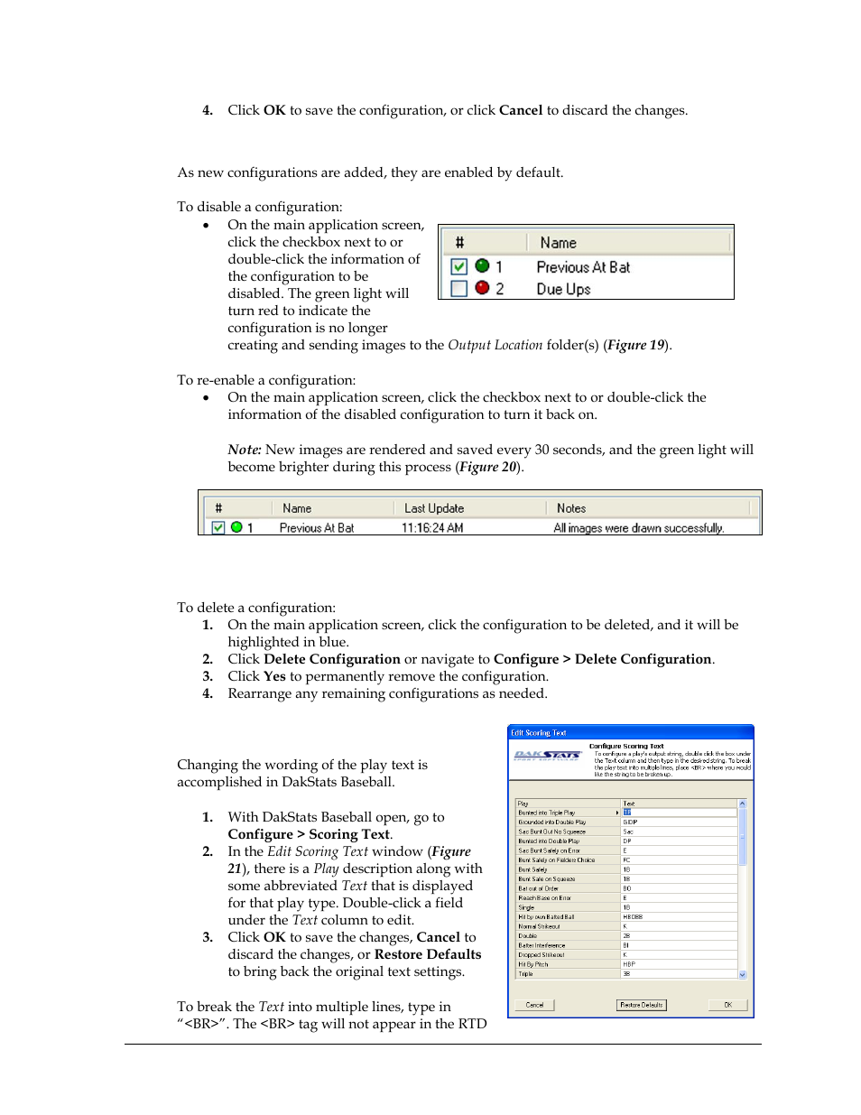 Enabling & disabling configurations, Deleting configurations, 5 editing & viewing play text | Editing & viewing play text, Section 3.5 ) | Daktronics Scorebook User Manual | Page 17 / 19