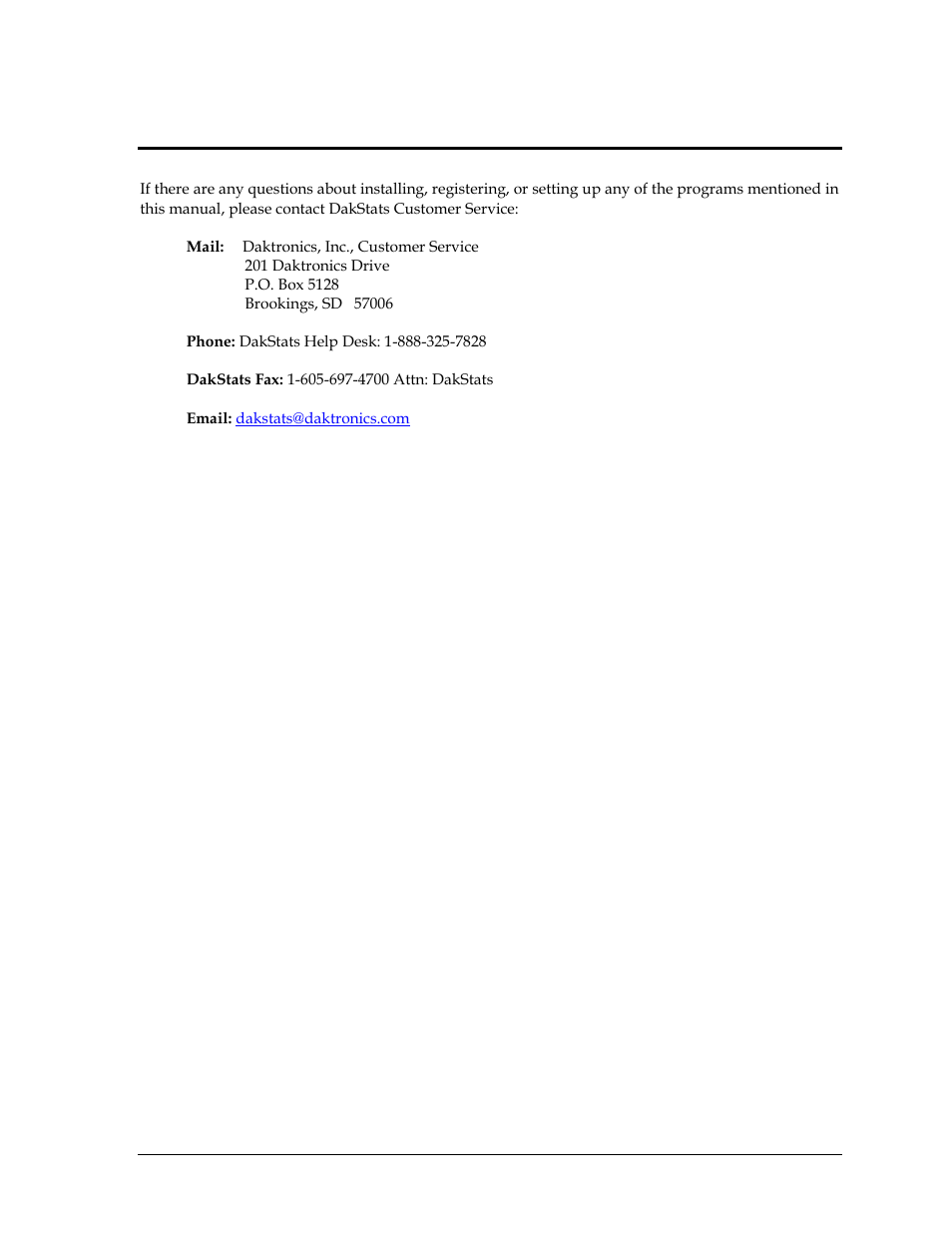 Section 4: contact information, Section 4, Contact information | Daktronics Scorebook User Manual | Page 19 / 19