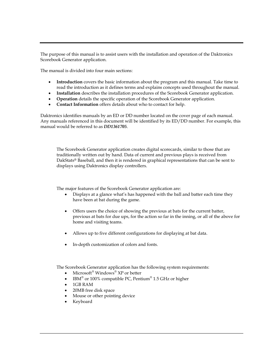 Section 1: introduction, 1 software overview, 2 major features | 3 system requirements, Section 1, Introduction, Software overview, Major features, System requirements | Daktronics Scorebook User Manual | Page 5 / 19