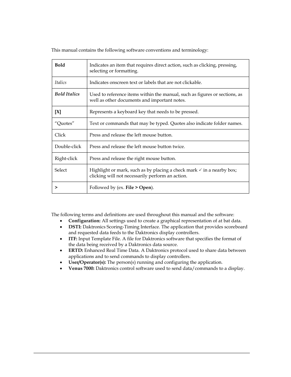 4 software conventions, 5 definitions, Software conventions | Definitions | Daktronics Scorebook User Manual | Page 6 / 19