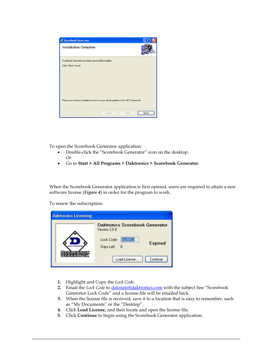 2 running the software, 3 registering the software, Running the software | Registering the software | Daktronics Scorebook User Manual | Page 8 / 19