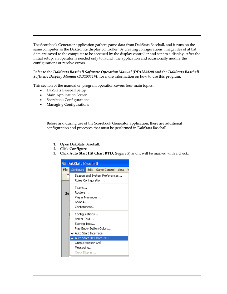 Section 3: operation, 1 dakstats baseball setup, Enabling hit chart rtd | Section 3, Operation, Dakstats baseball setup | Daktronics Scorebook User Manual | Page 9 / 19