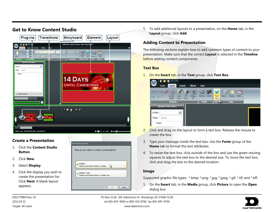 Show control system operation quick start guide, Get to know content studio | Daktronics Show Control System User Manual | Page 2 / 7