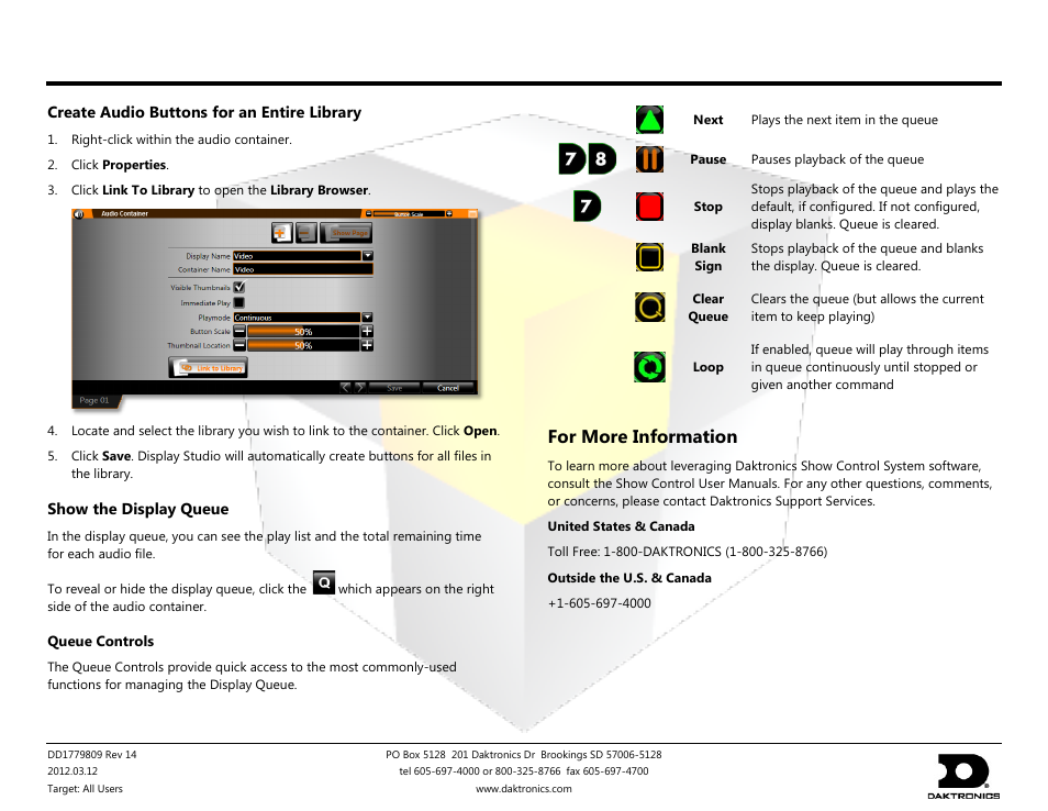 Show control system operation quick start guide, For more information | Daktronics Show Control System User Manual | Page 7 / 7
