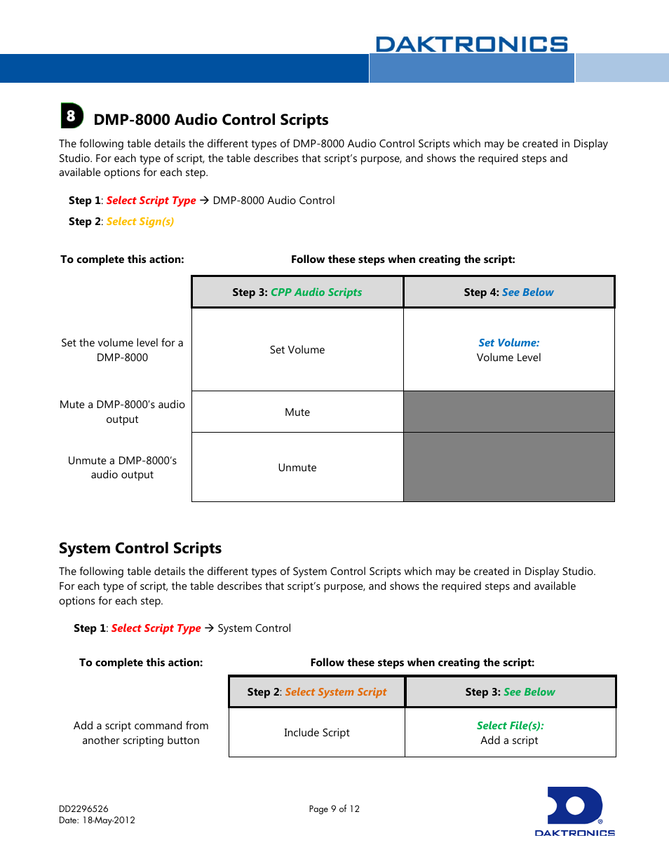 Dmp-8000 audio control scripts, System control scripts | Daktronics Display Studio Scripting Button Script Commands User Manual | Page 9 / 12